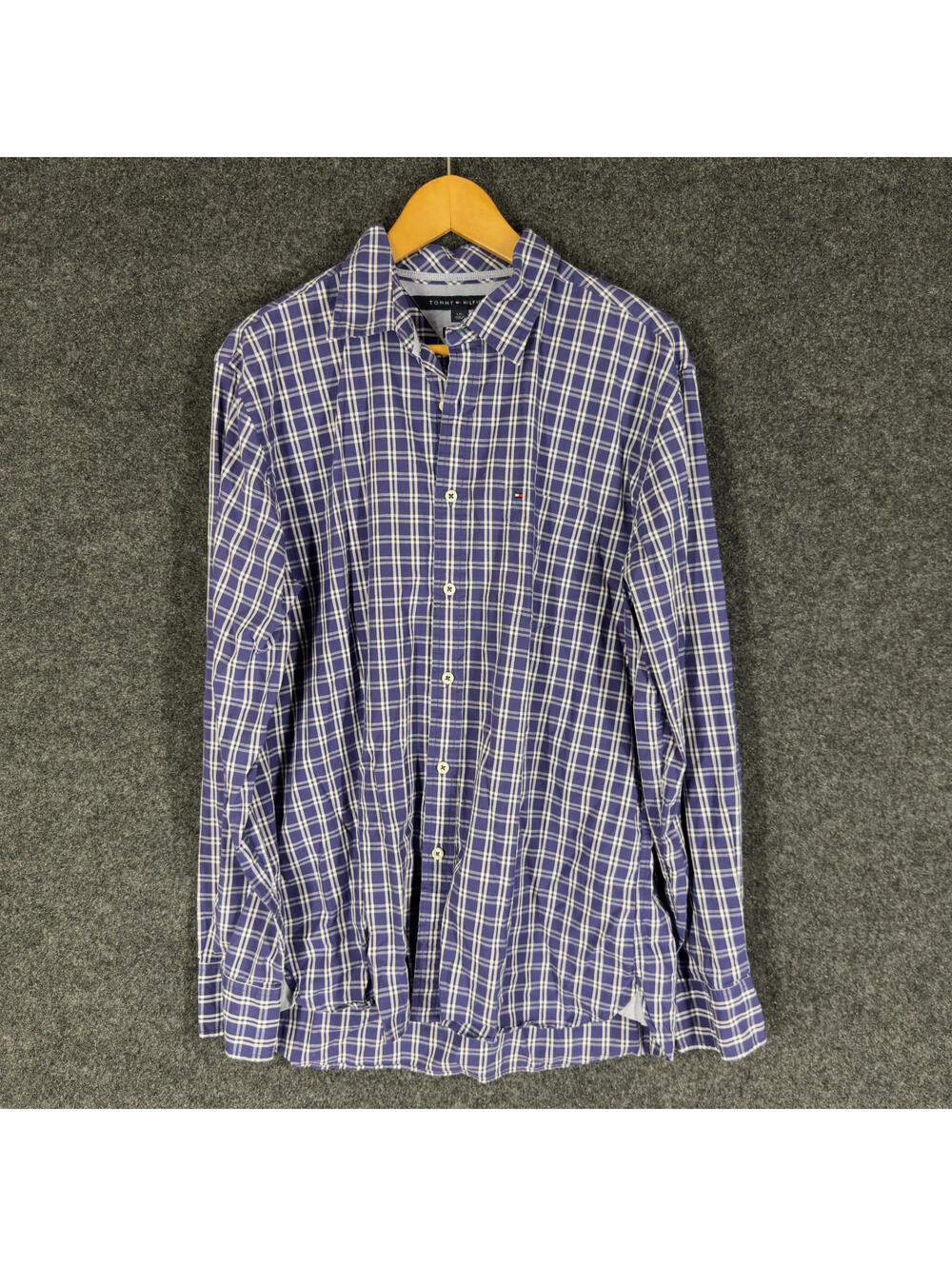 Tommy Hilfiger Shirt Men L Large Purple Plaid Button Up Custom Fit Long Sleeve